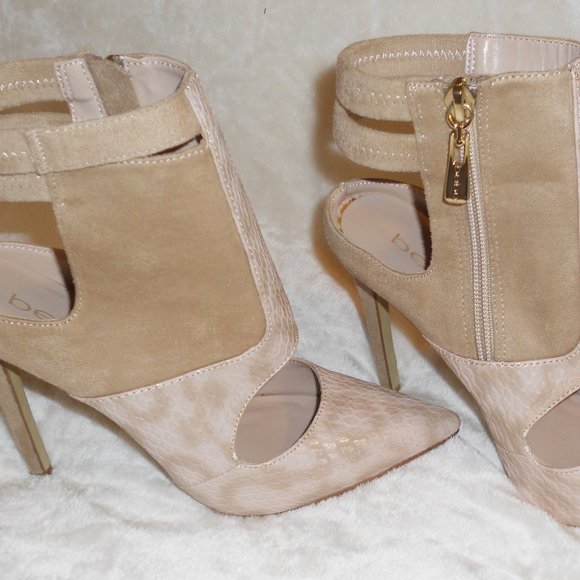 Bebe 6 Pink/Tan Faux Snakeskin Stiletto Heels Side Zip Faux Suede Detail - Picture 3 of 9
